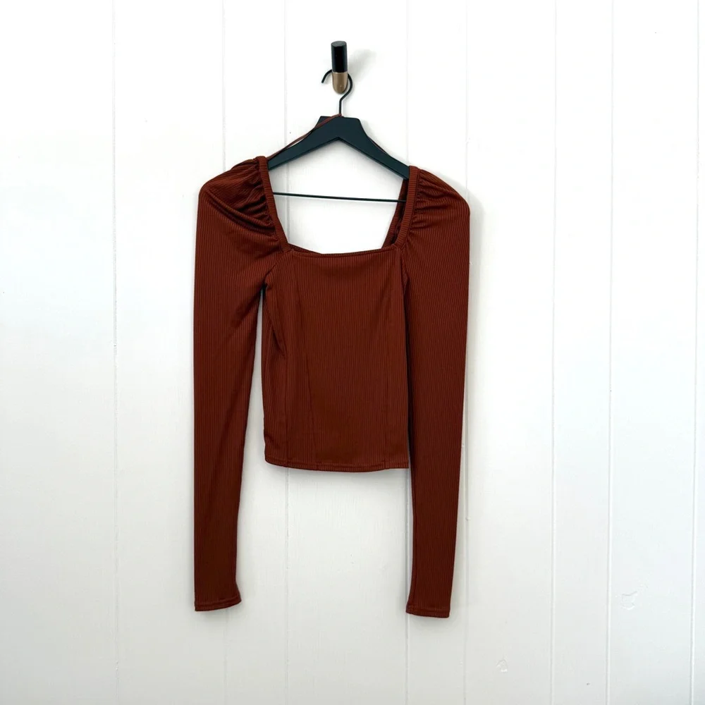 Free People It Girl Square Neck Puff Sleeve Top Long Sleeve Ribbed Rust Orange